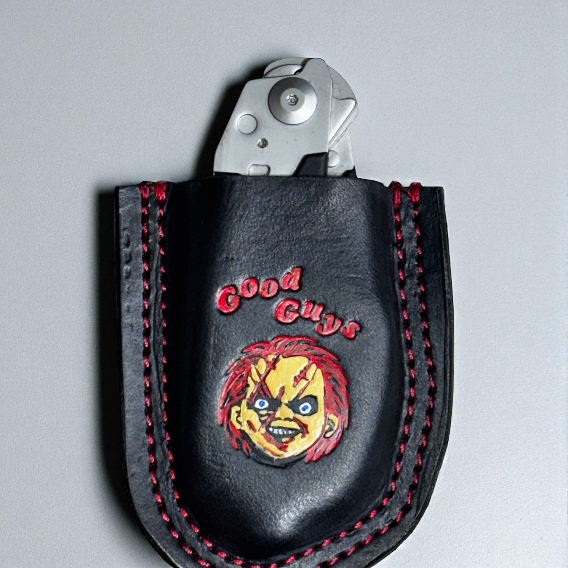 Custom horror doll Raptor Shears leather holster