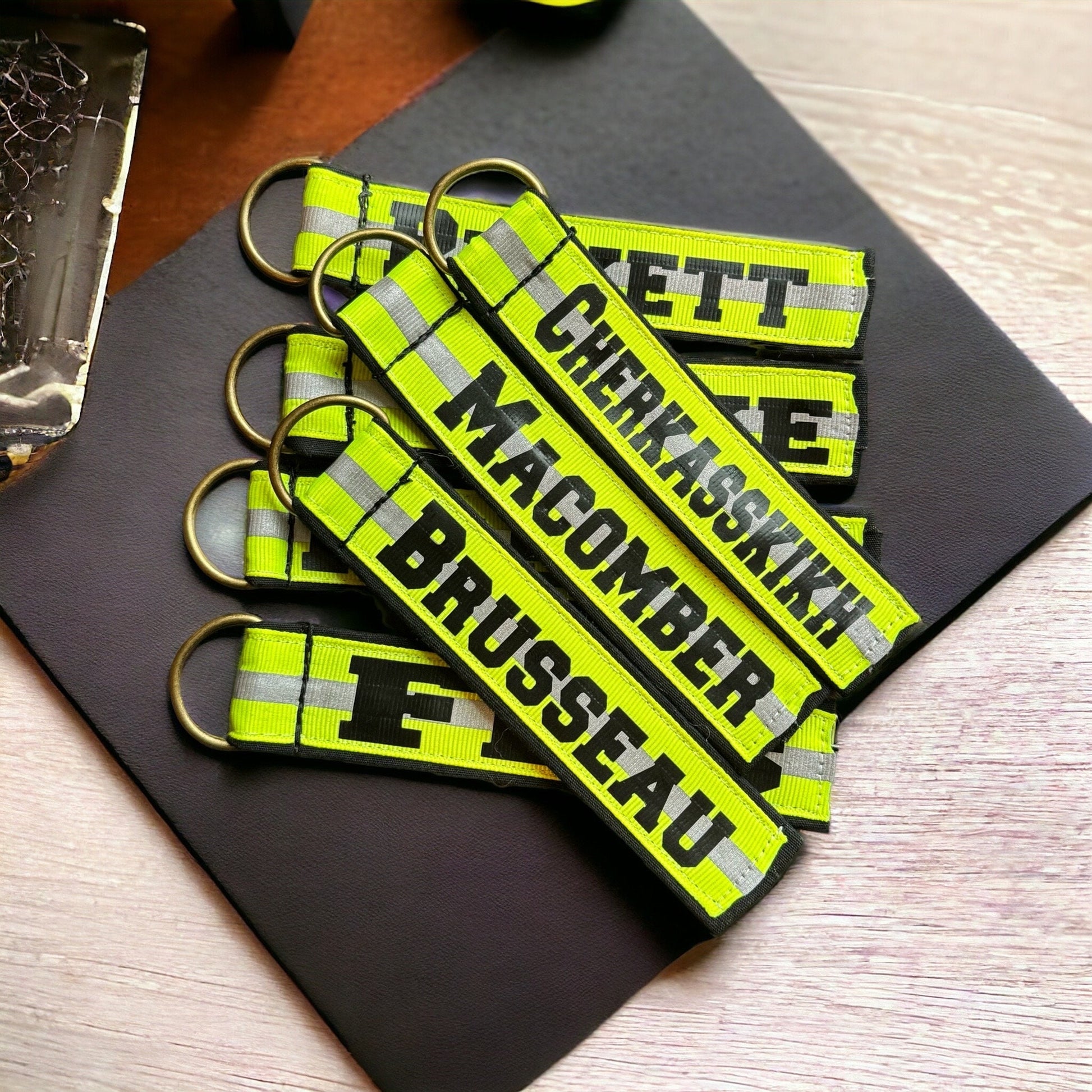 Firefighter keychain, Custom turnout gear reflective Firefighter Keychain, Firefighter Keychain, turnout gear style keychain, Keychain Tab