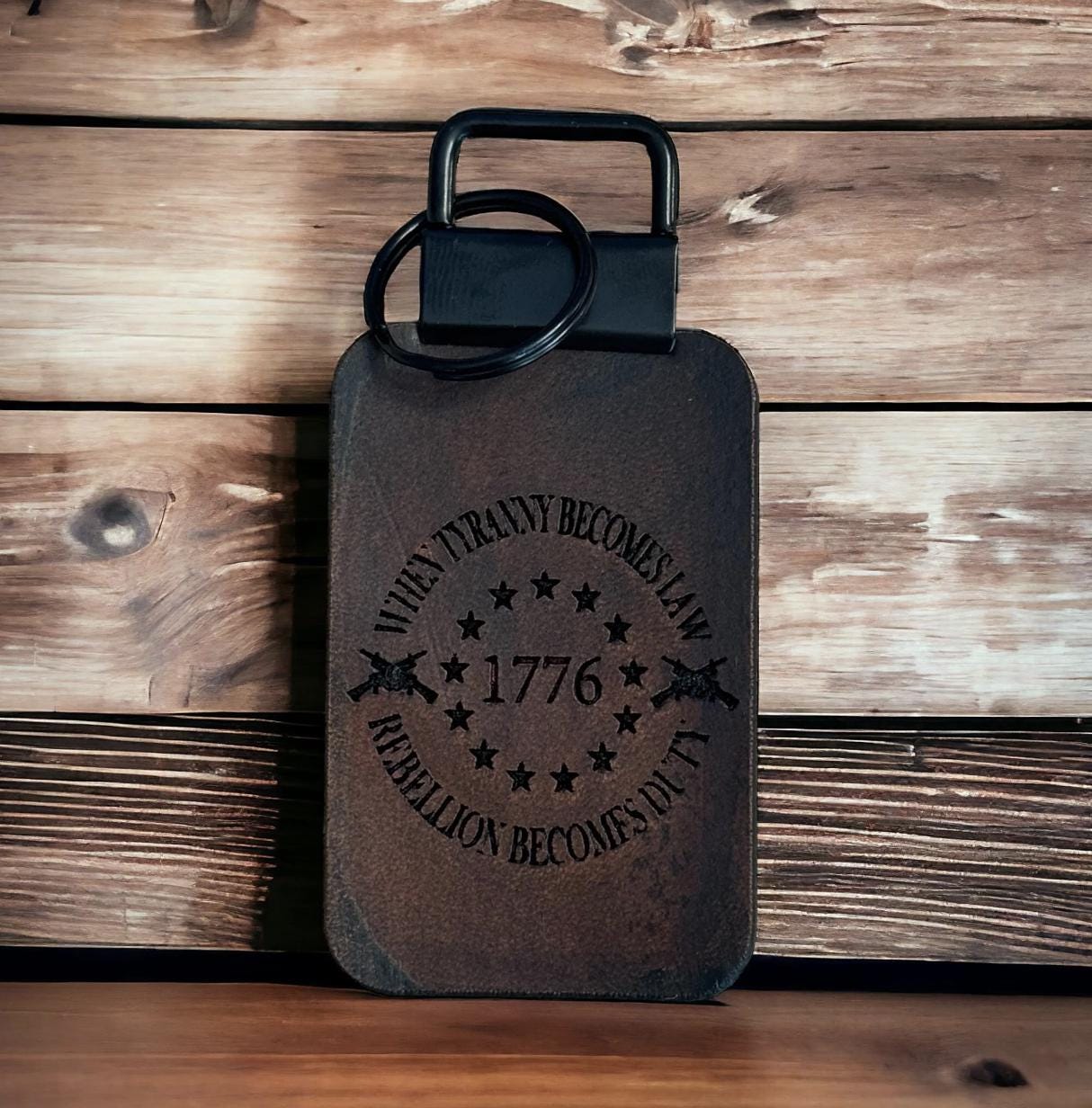 Custom leather keychain engraved with “1776,” embodying patriotic and revolutionary spirit in a durable everyday accessory.