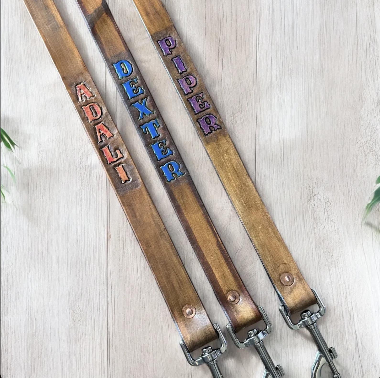 Durable leather dog leash with metal hardware, available in two sizes