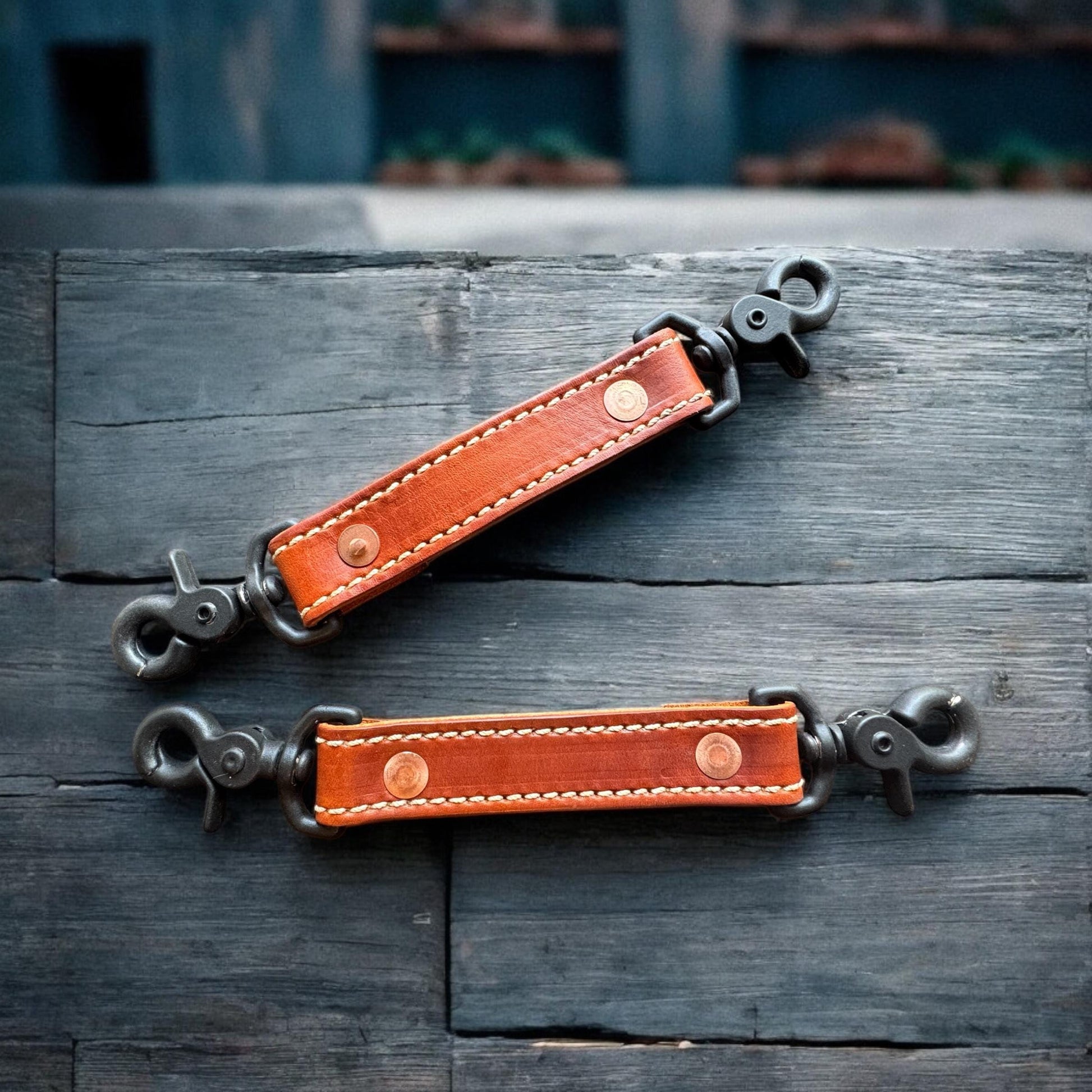 Hand-dyed heavy duty leather dog leash with safety clip and prong backup strap