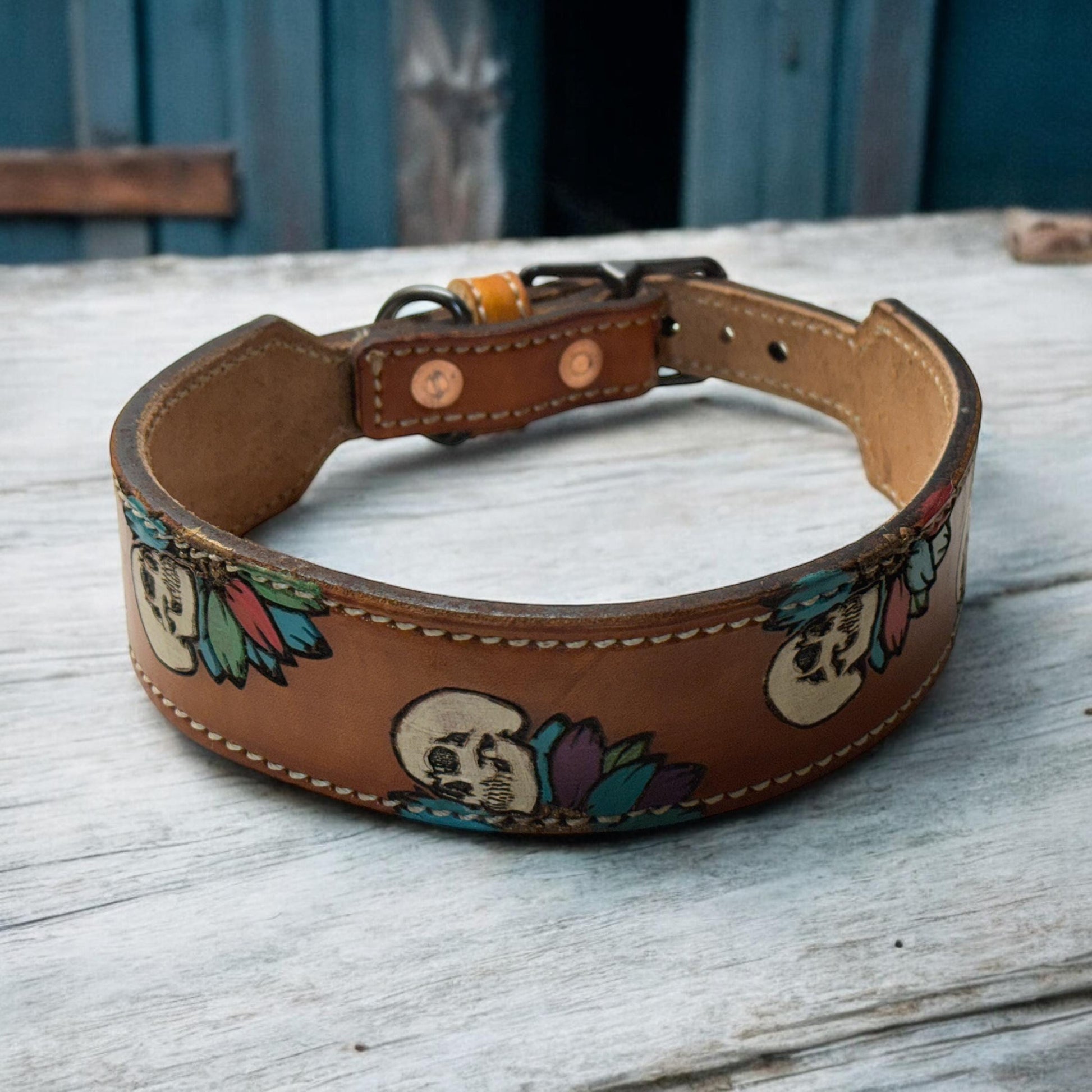 Engraved leather dog collar with handpainted skull and sunflower design
