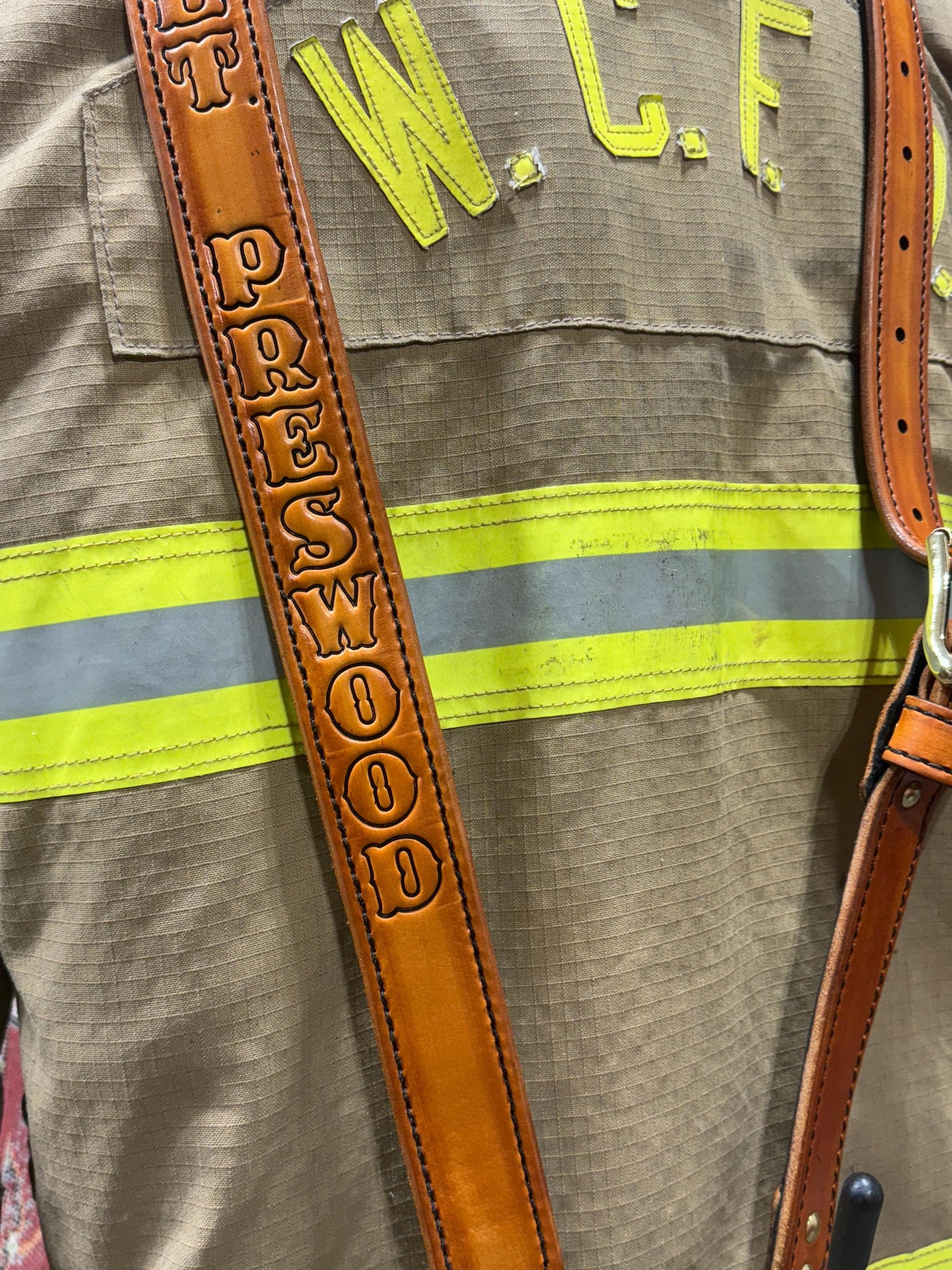 Custom leather firefighter radio strap