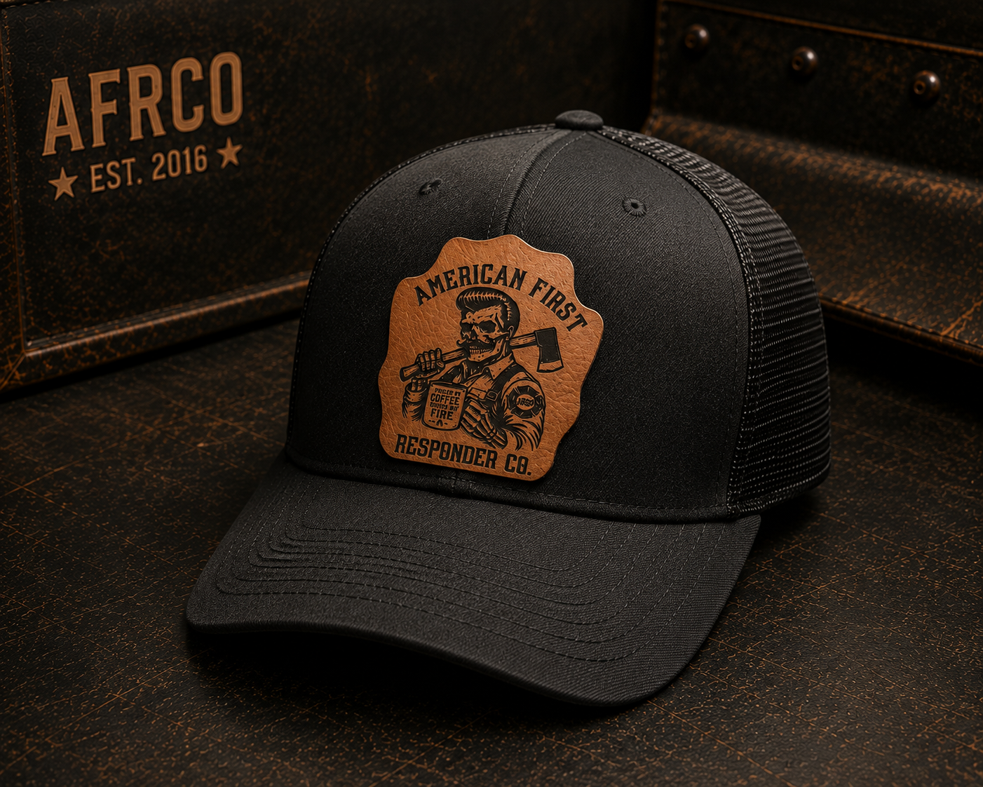 A black trucker-style cap with a tan leather patch on the front that reads 'American First Response Co' and shows an illustrated responder holding an axe. The cap is photographed on a dark textured surface with a branded AFRCO box in the background.