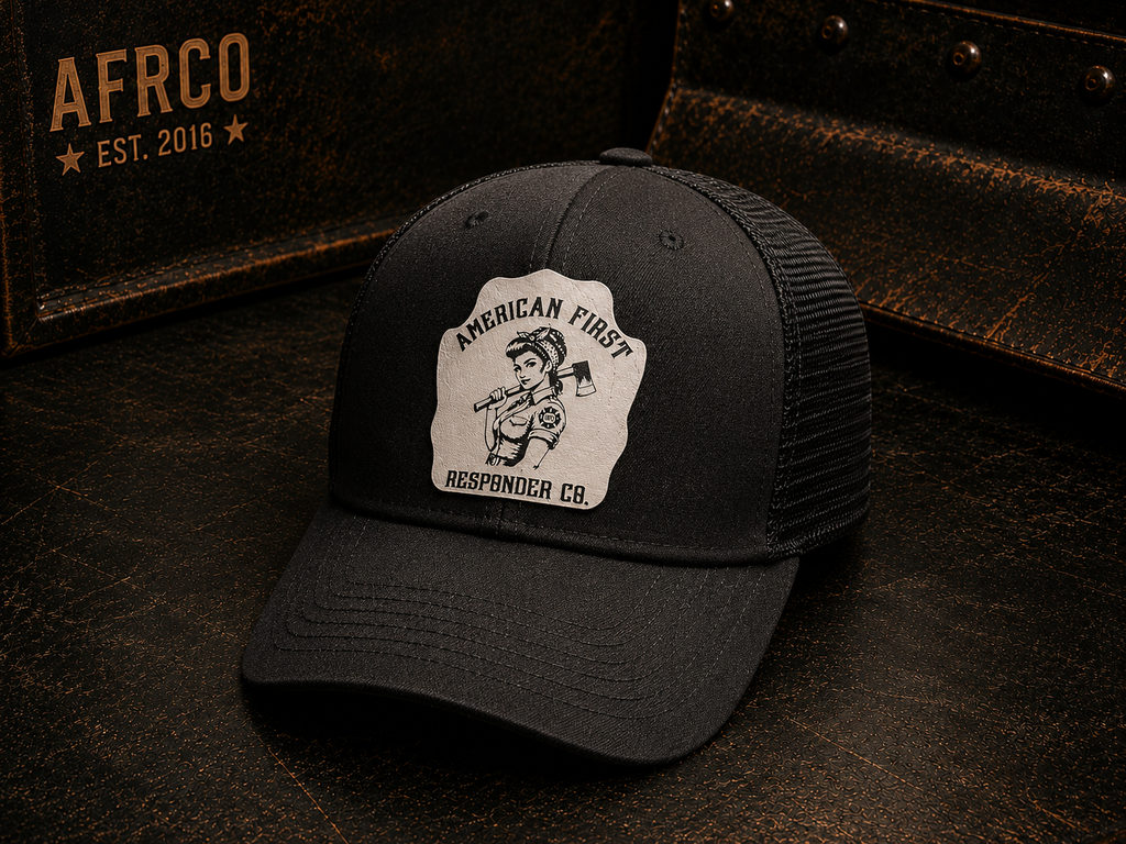 A black trucker cap with a white 'American First Responder Co.' patch on the front, displayed on a dark textured surface with a rustic brown leather box in the background.