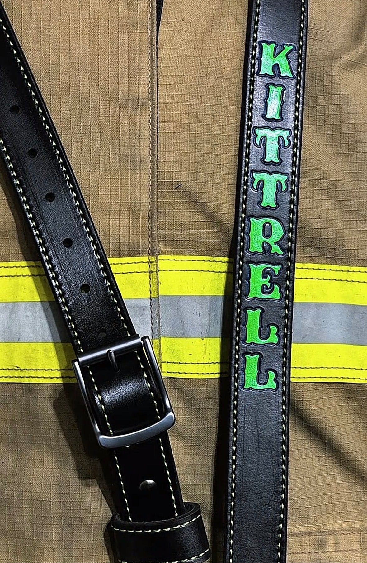 Black custom leather firefighter radio straps with personalized names