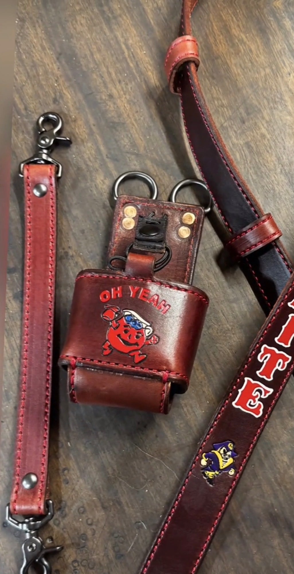 Matching custom leather firefighter radio strap and radio holster set