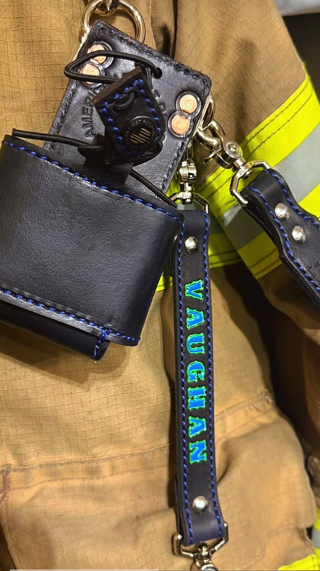 Matching custom leather firefighter radio strap and radio holster set