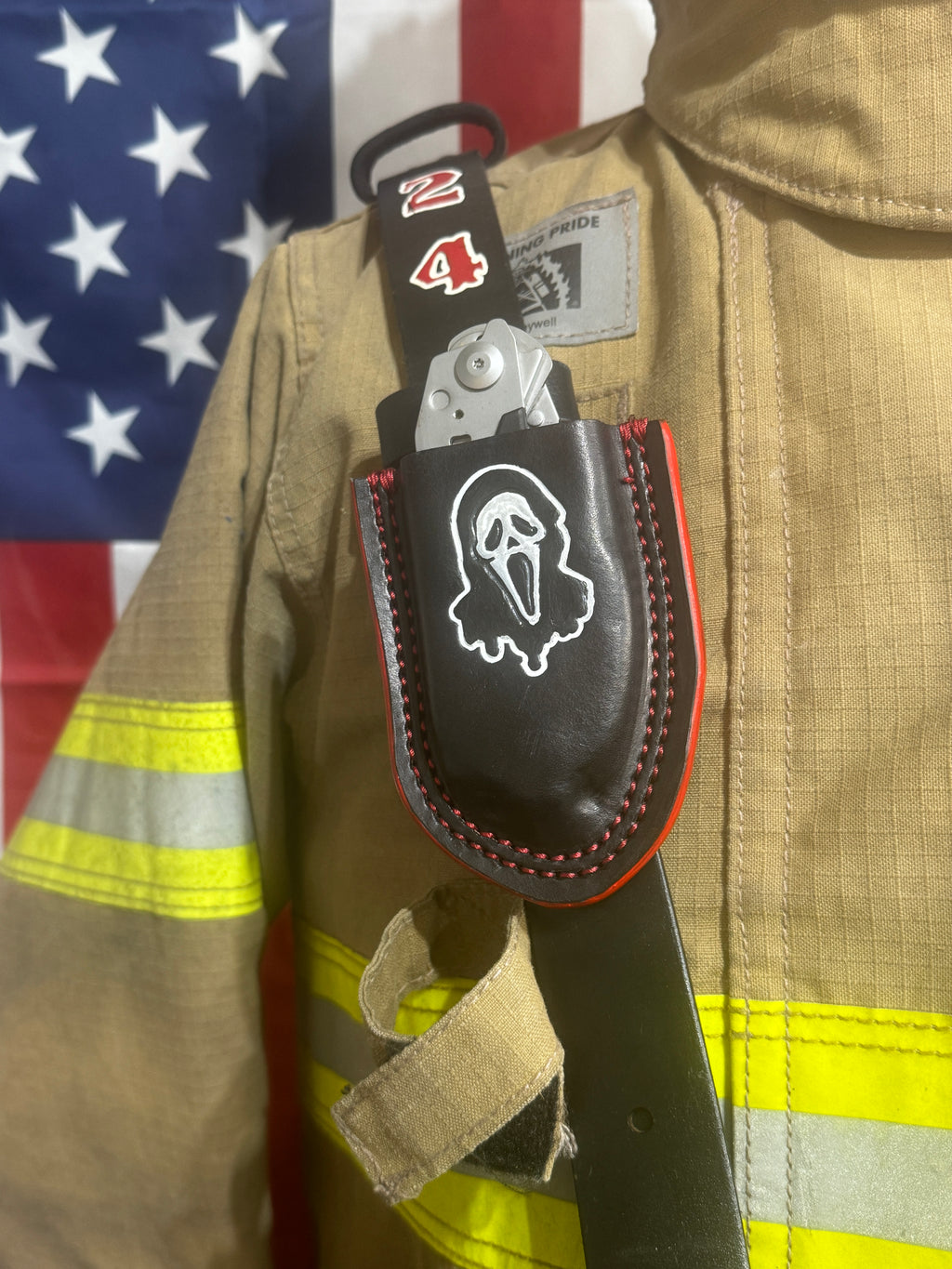 Custom Leather Raptor Shears Holster – Black & Red – “Horror Mask” Engraved Design – First Responder Gear (Raptor Shears Not Included)