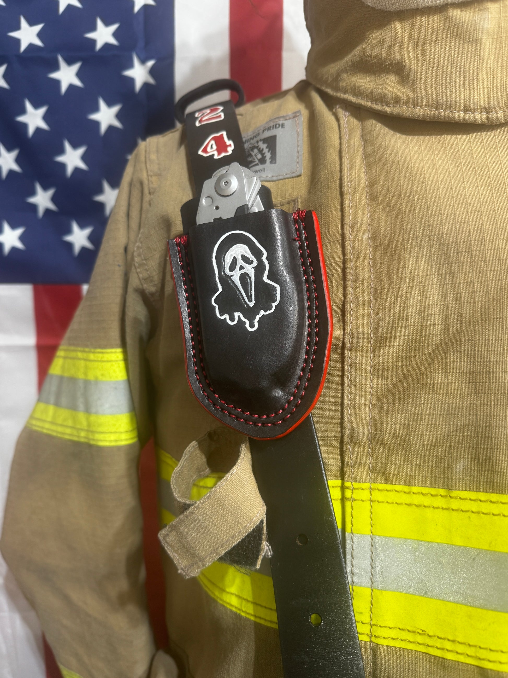 Custom Leather Raptor Shears Holster – Black & Red – “Horror Mask” Engraved Design – First Responder Gear (Raptor Shears Not Included)