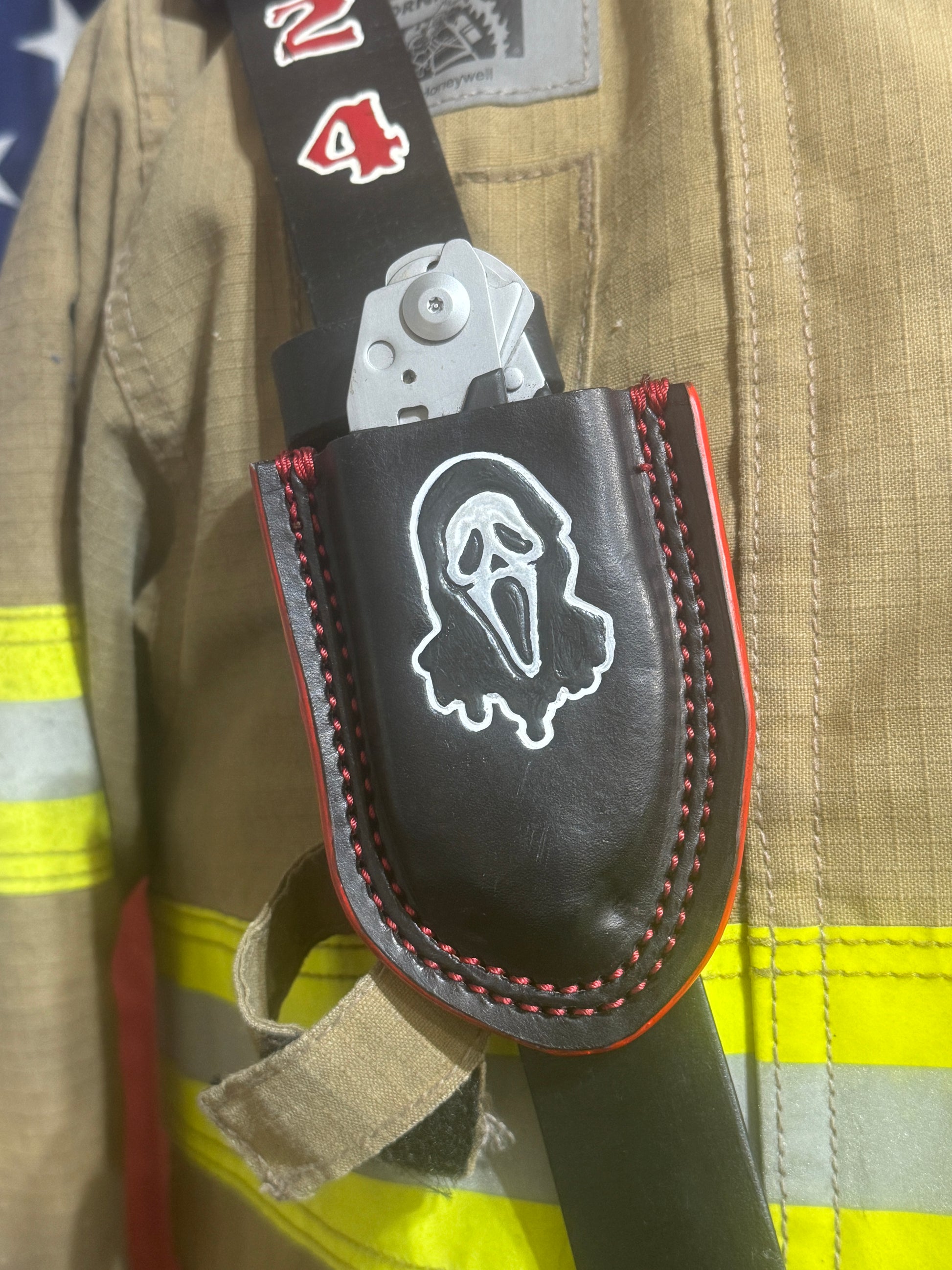 Custom Leather Raptor Shears Holster – Black & Red – “Horror Mask” Engraved Design – First Responder Gear (Raptor Shears Not Included)