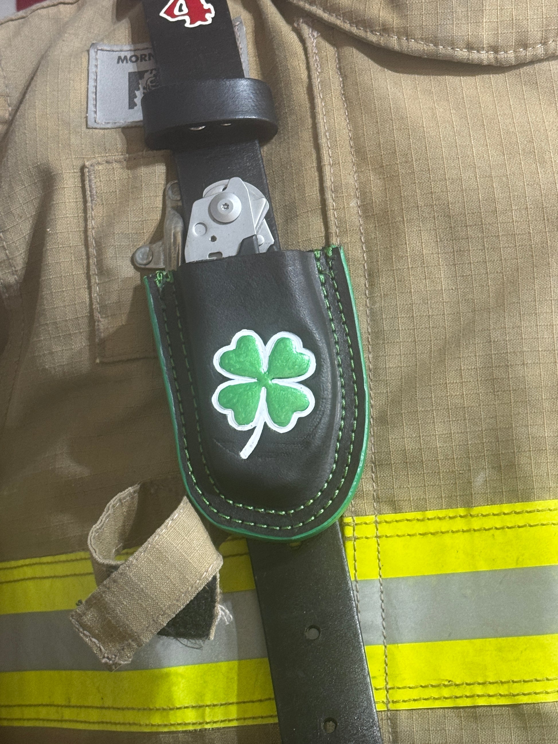 Leather Raptor Shears Holster – Shamrock Edition (Fits Firefighter Radio Straps)