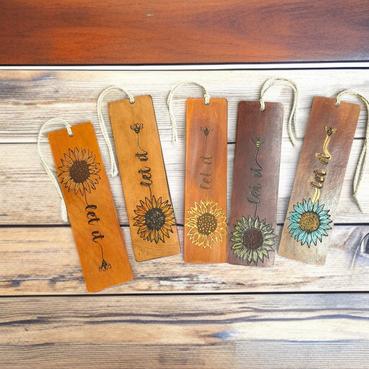 Leather bookmarks with engraved sunflowers and bees, hand-painted on rustic brown leather