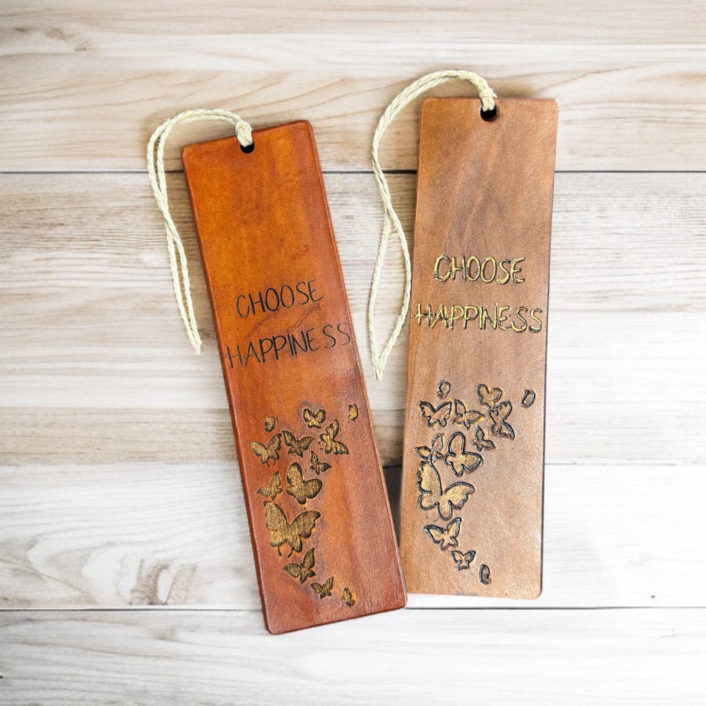 Hand-Painted Leather Bookmark – Choose Happiness Butterflies