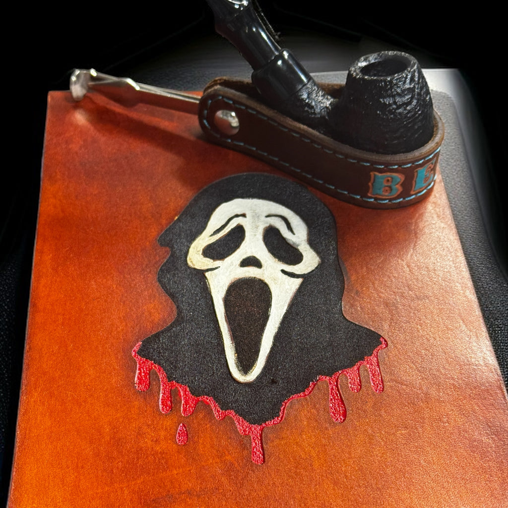 Handmade leather tobacco pipe mat with horror-style design