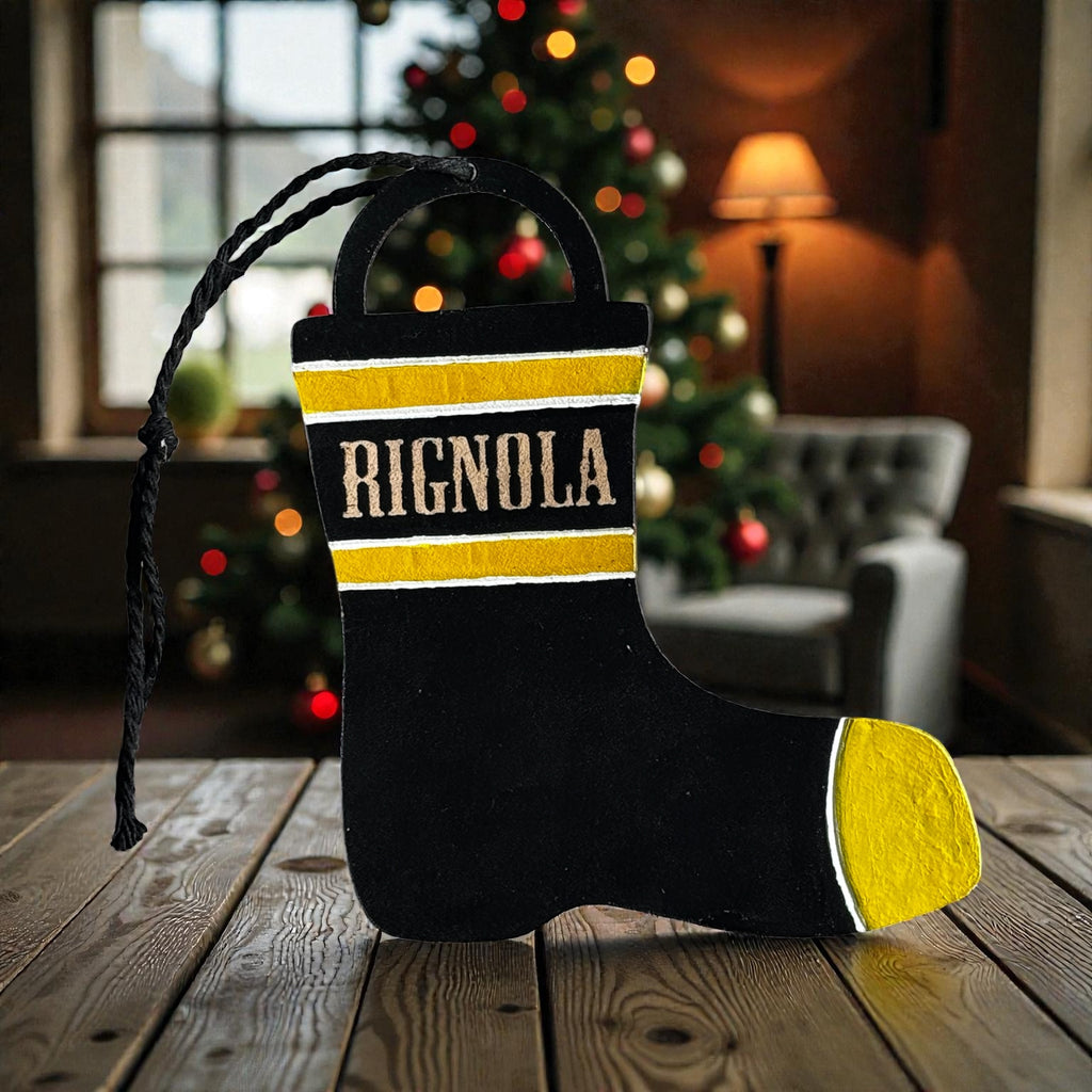 Custom leather fire boot ornament with hand-painted yellow and black design