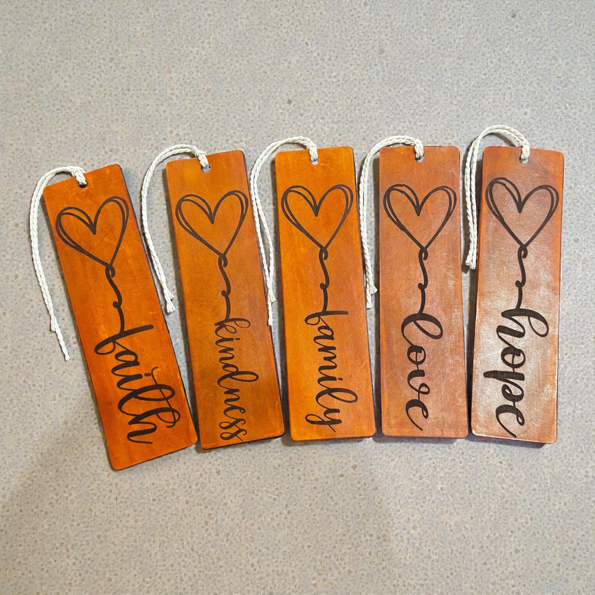 Handmade Leather Bookmark – Faith, Family, Love, Kindness, Hope