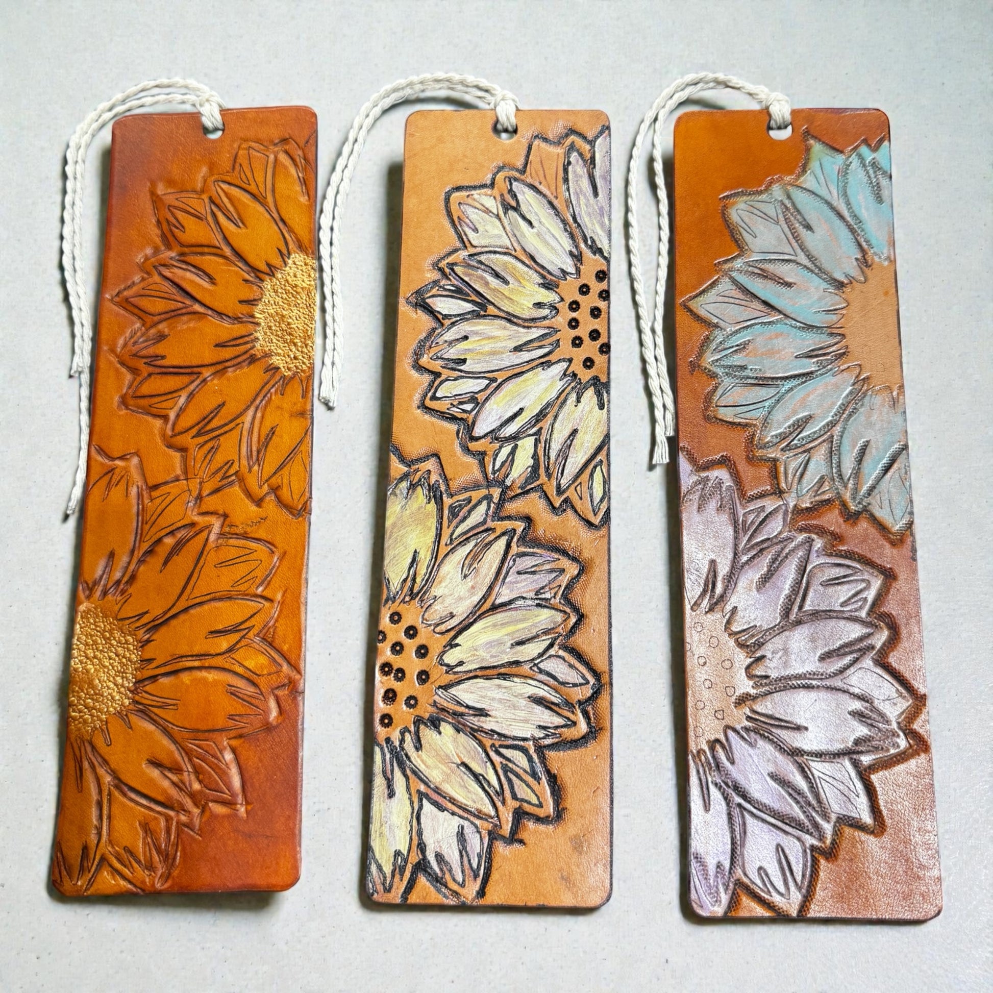 Tooled & Hand Painted Sunflower Leather Bookmark