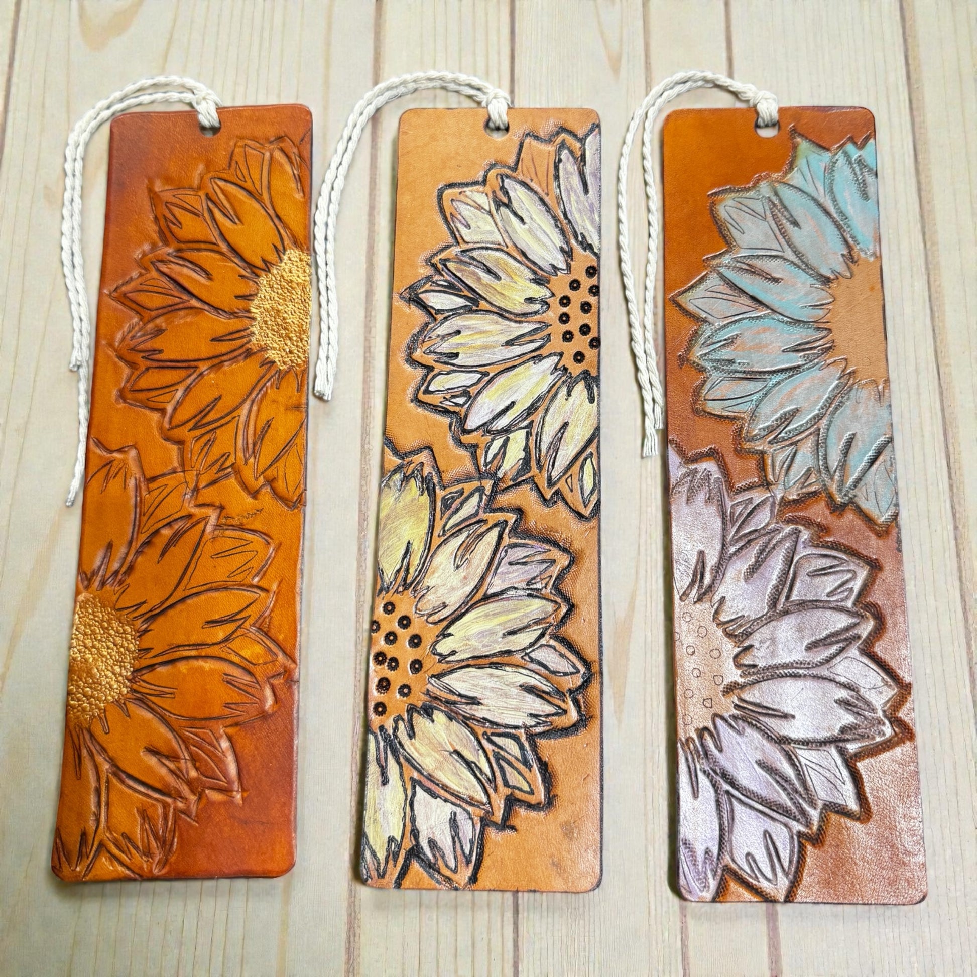 Tooled & Hand Painted Sunflower Leather Bookmark