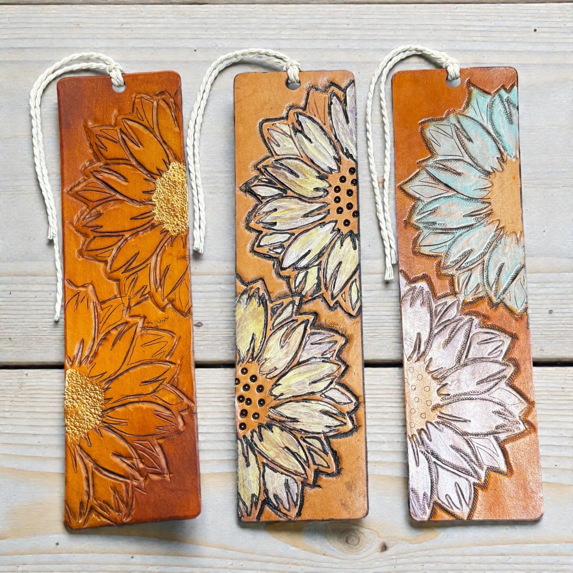 Tooled & Hand Painted Sunflower Leather Bookmark