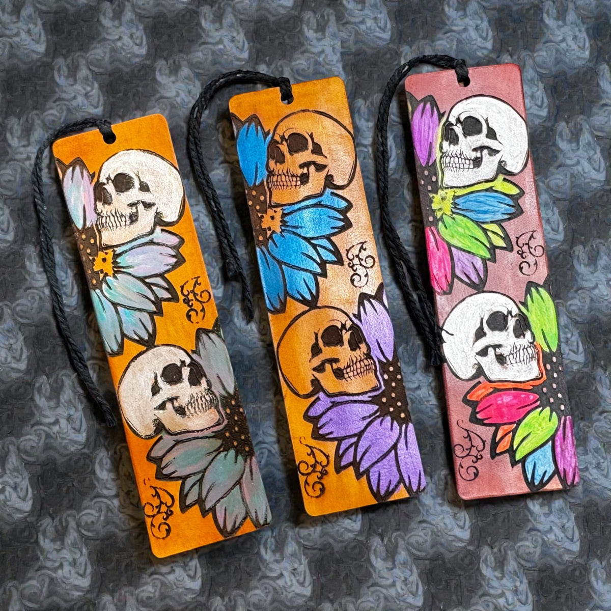 Hand Painted Skull Leather Bookmark