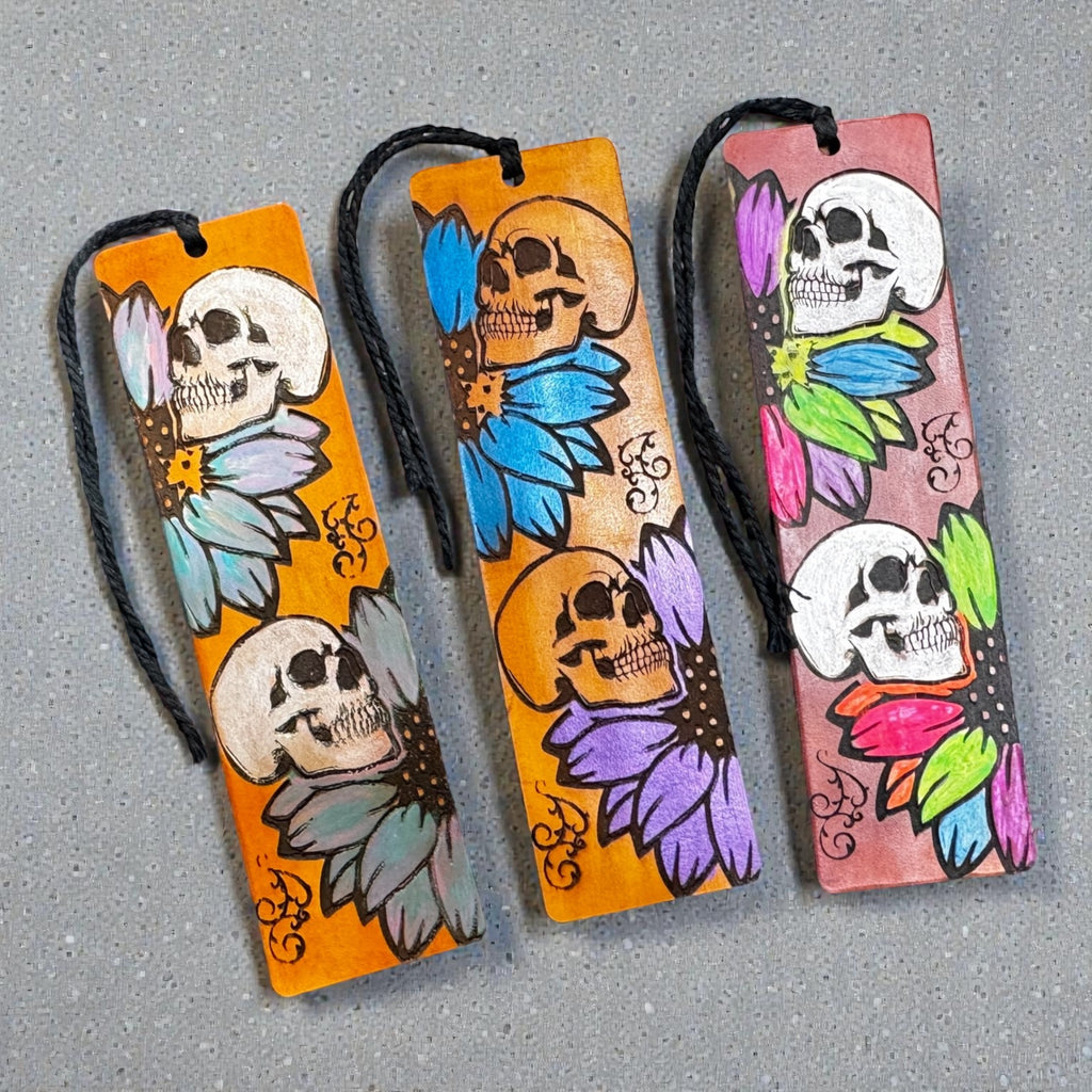 Hand Painted Skull Leather Bookmark