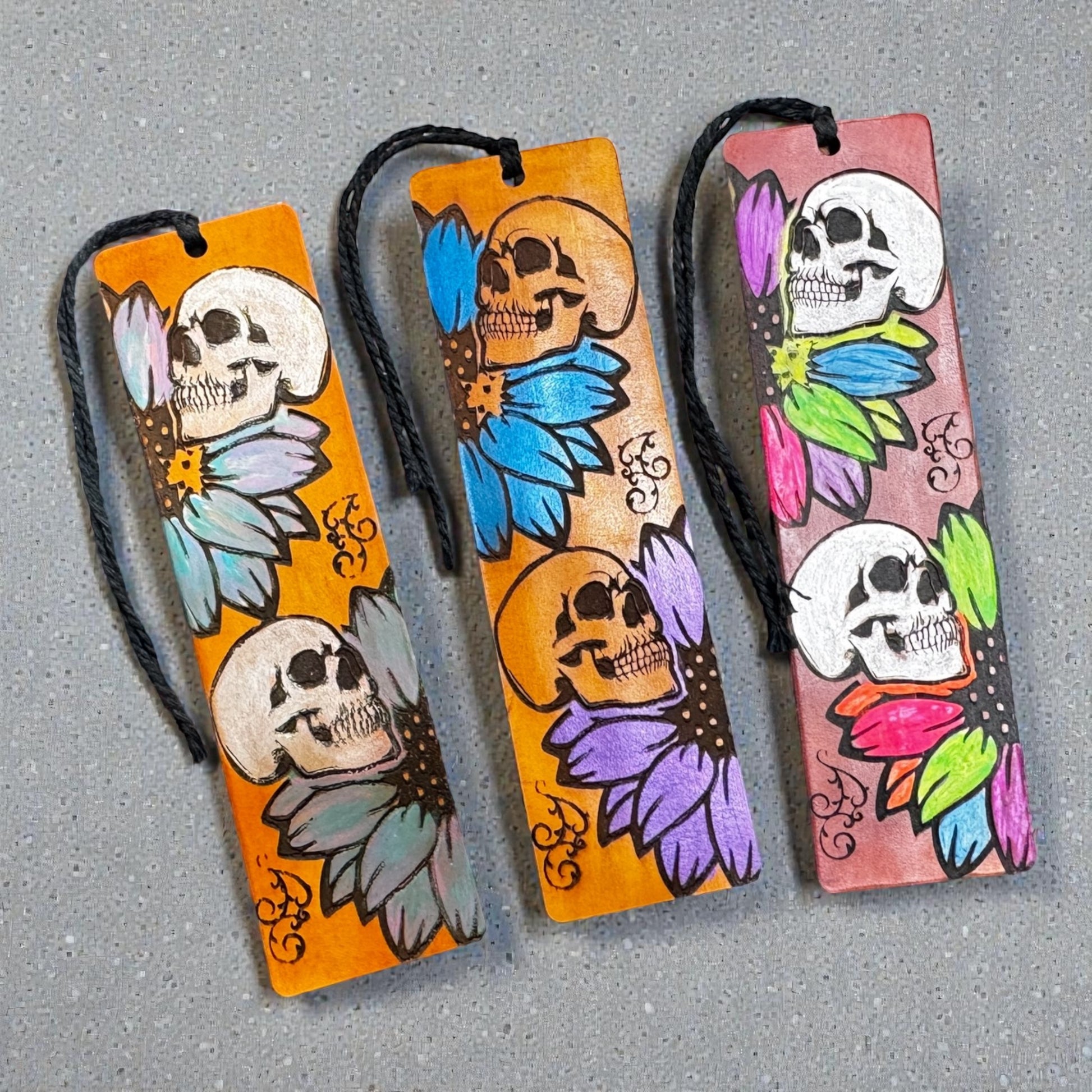 Hand Painted Skull Leather Bookmark