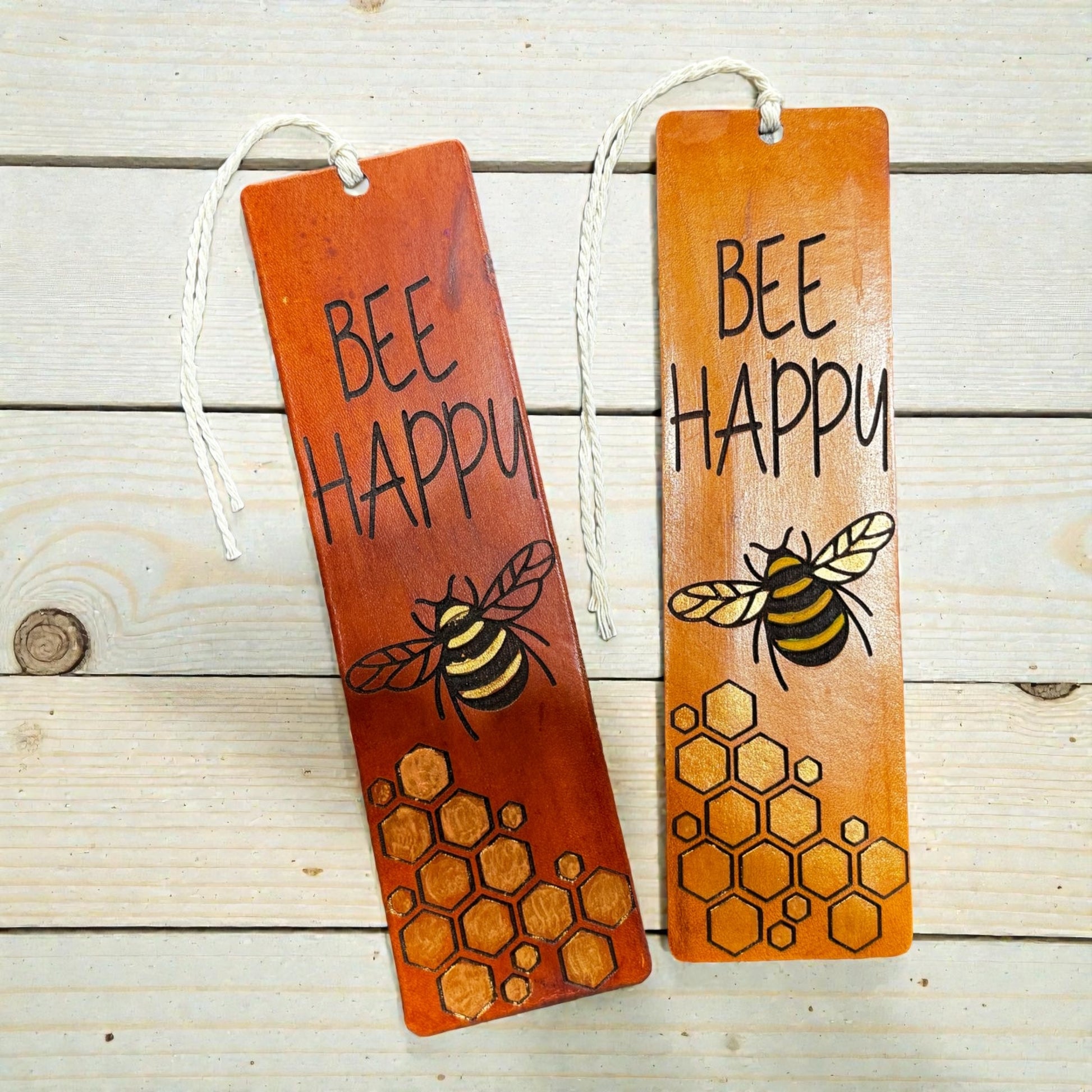 Bee Happy – Hand Painted Leather Bookmark
