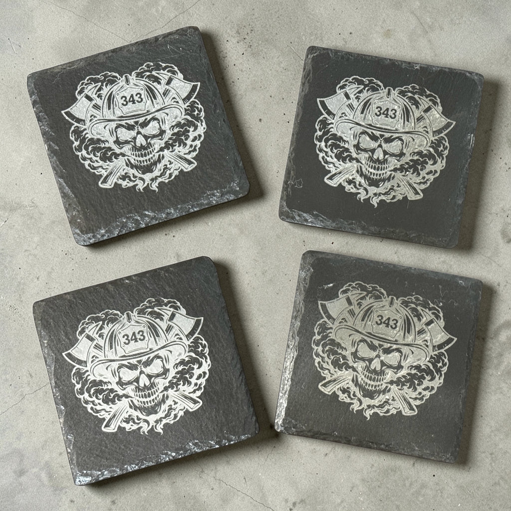 Firefighter Slate Coasters – Skull Helmet Design – Set of 4