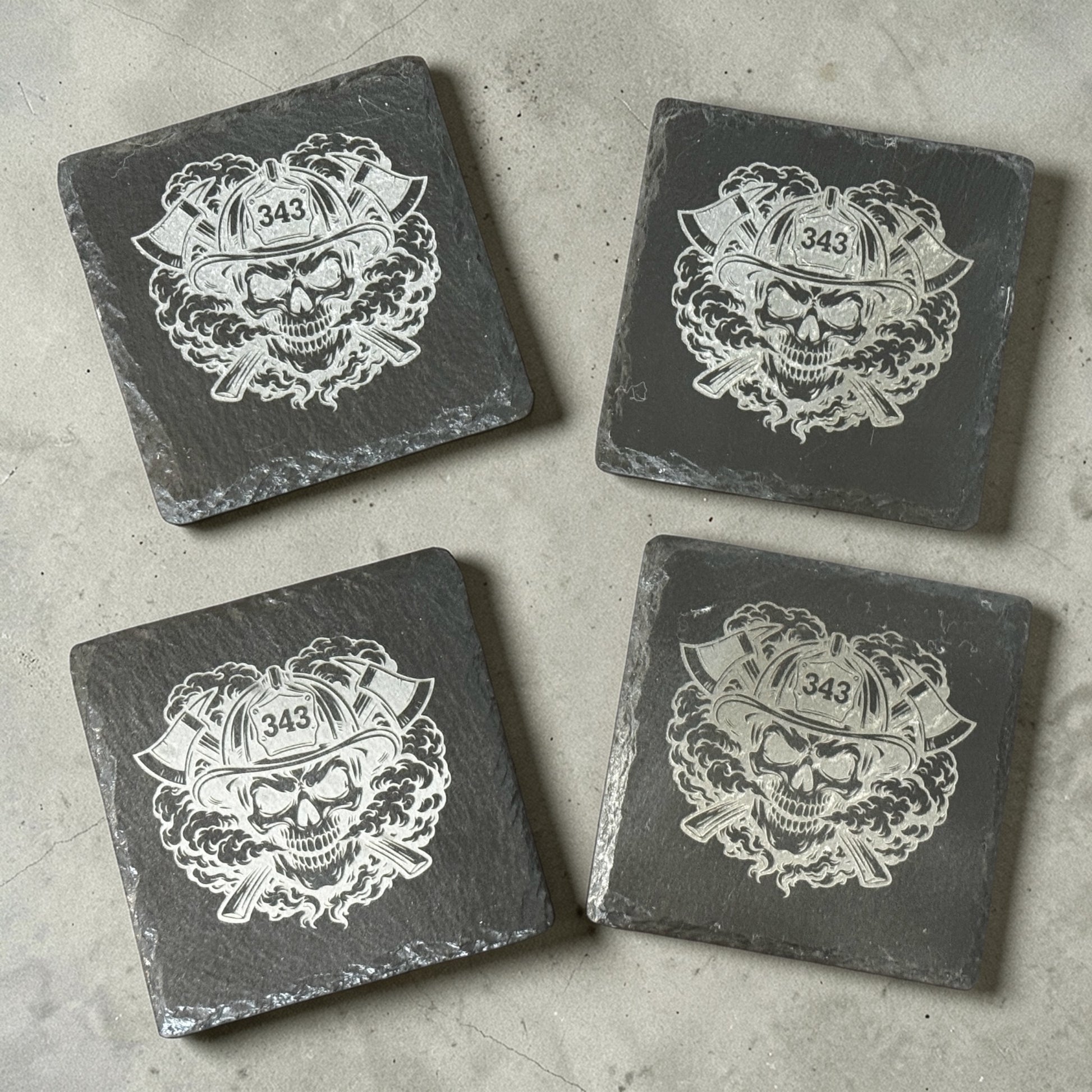 Firefighter Slate Coasters – Skull Helmet Design – Set of 4