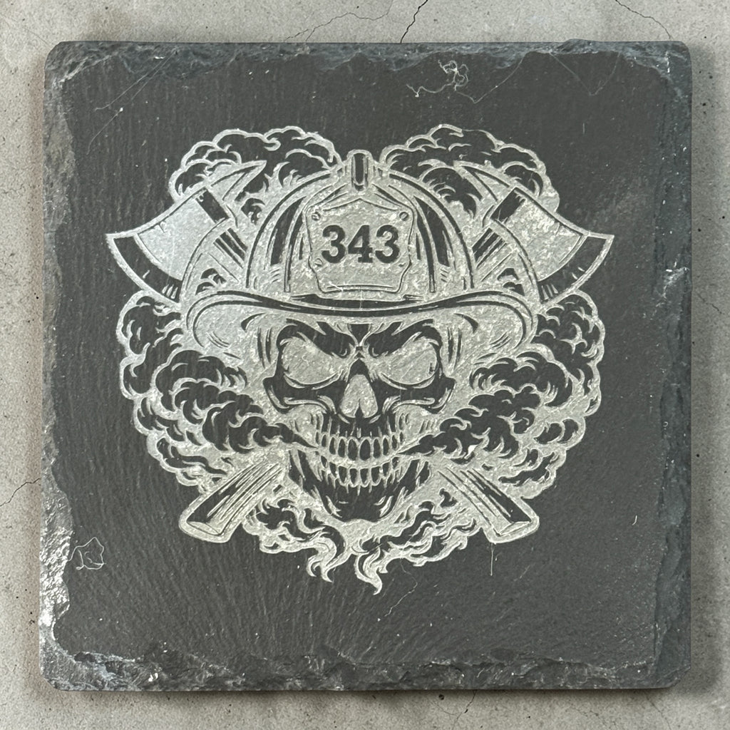 Firefighter Slate Coasters – Skull Helmet Design – Set of 4