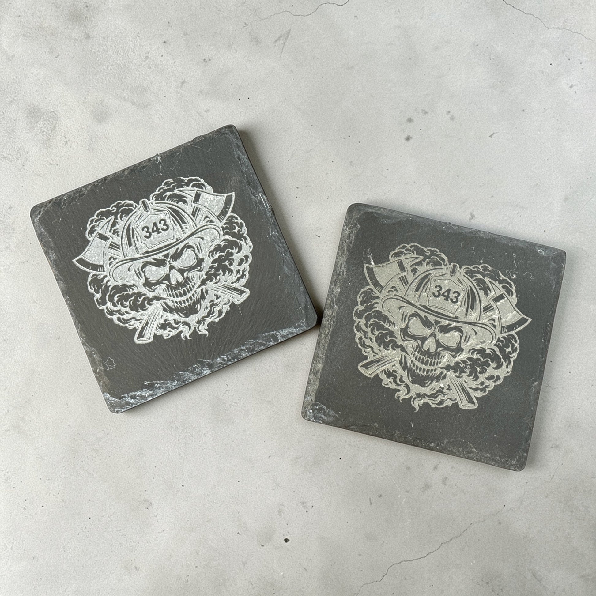 Firefighter Slate Coasters – Skull Helmet Design – Set of 4