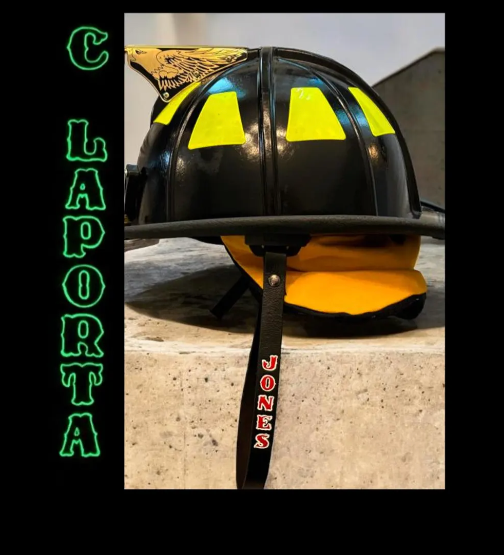 Firefighter helmet featuring a personalized leather chin strap with optional glow-in-the-dark lettering outline.
