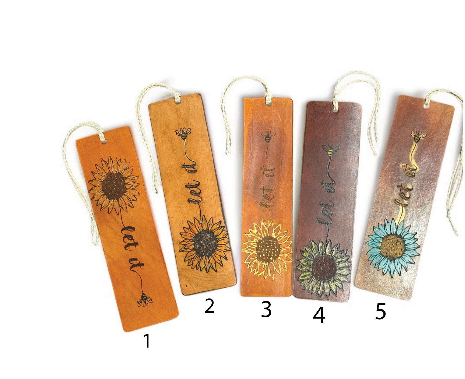 Hand-Painted Leather Bookmark – Sunflowers & Bees