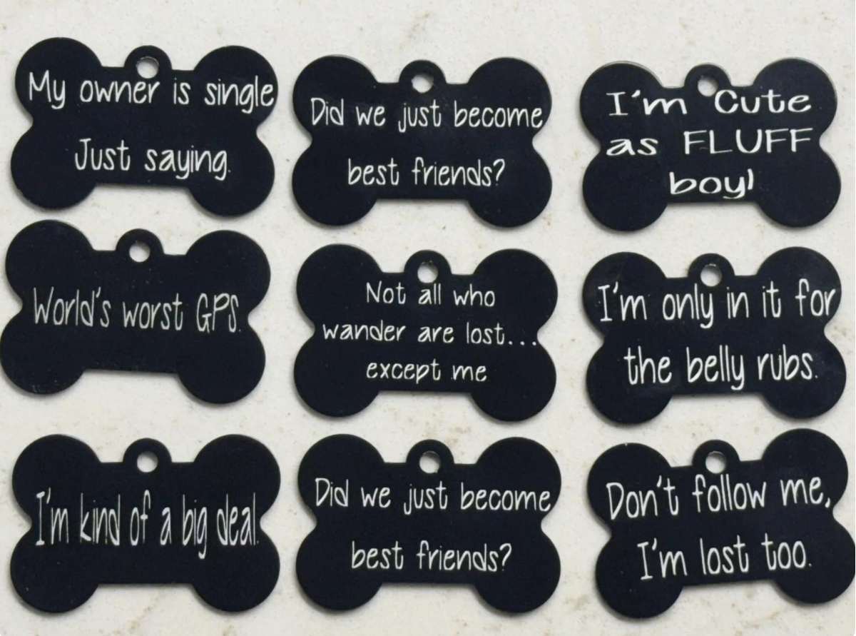 Black aluminum dog tags with funny engraved sayings