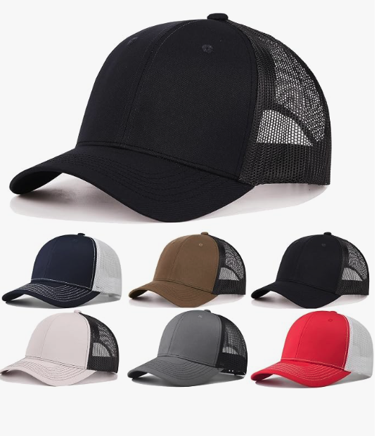 A black trucker-style baseball cap with a curved brim and mesh back is shown prominently, with six smaller color variants arranged below on a light gray background.