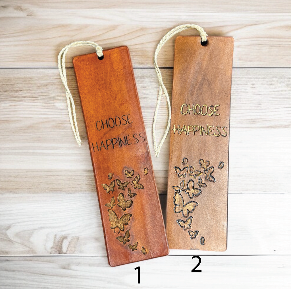 Hand-Painted Leather Bookmark – Choose Happiness Butterflies