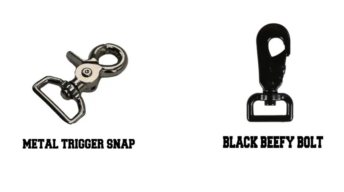 Metal trigger snap and black beefy bolt on a white background