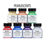 Pearlescent leather paint color options featuring Angelus pearl finish paints available for custom firefighter glove straps and leather gear.