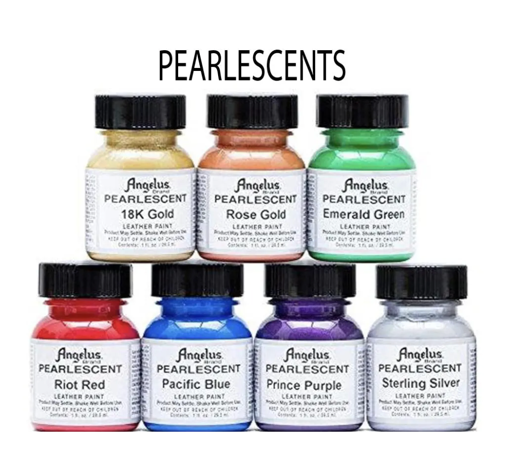 Pearlescent leather paint color options featuring Angelus pearl finish paints available for custom firefighter glove straps and leather gear.