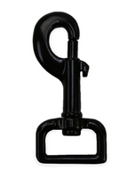 Heavy-duty black swivel snap hardware option for personalized leather dog leashes.