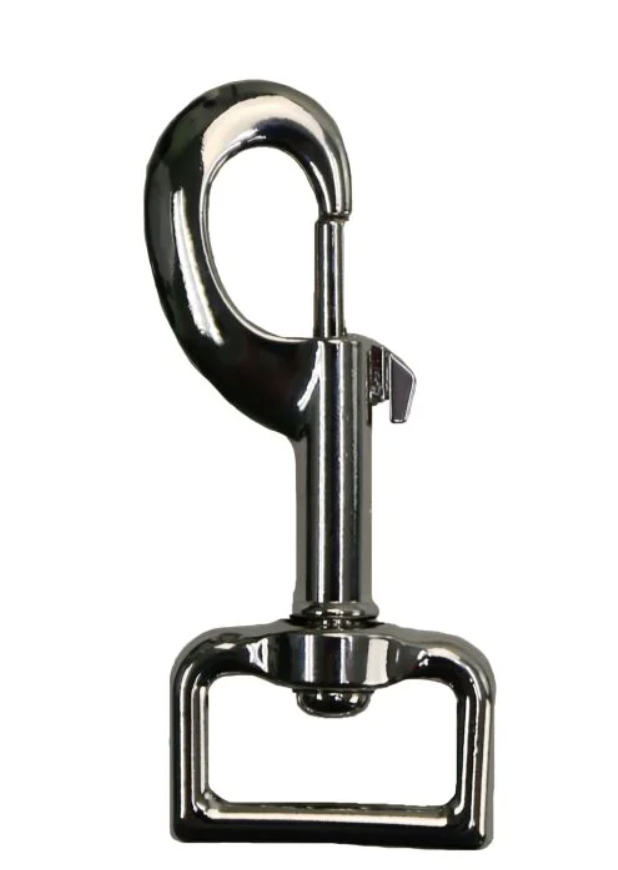 Heavy-duty stainless steel swivel snap hardware option for personalized leather dog leashes.