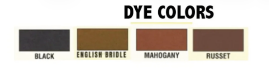 Leather dye color options for custom firefighter leather gear including Black, English Bridle, Mahogany, Russet.