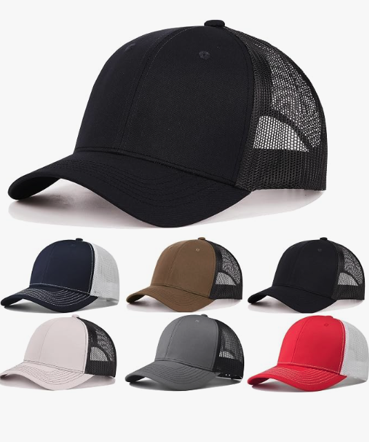 A black trucker-style baseball cap with a curved brim and black mesh back panels, shown prominently above six smaller color variants on a light gray background.