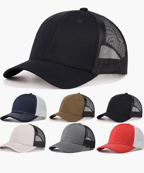 A black trucker-style baseball cap with a curved brim and black mesh back panels, shown prominently above six smaller color variants on a light gray background.