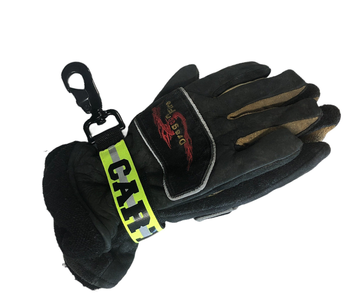 Personalized firefighter webbing glove strap with yellow reflective name, heavy-duty hardware, and structural firefighting gloves.