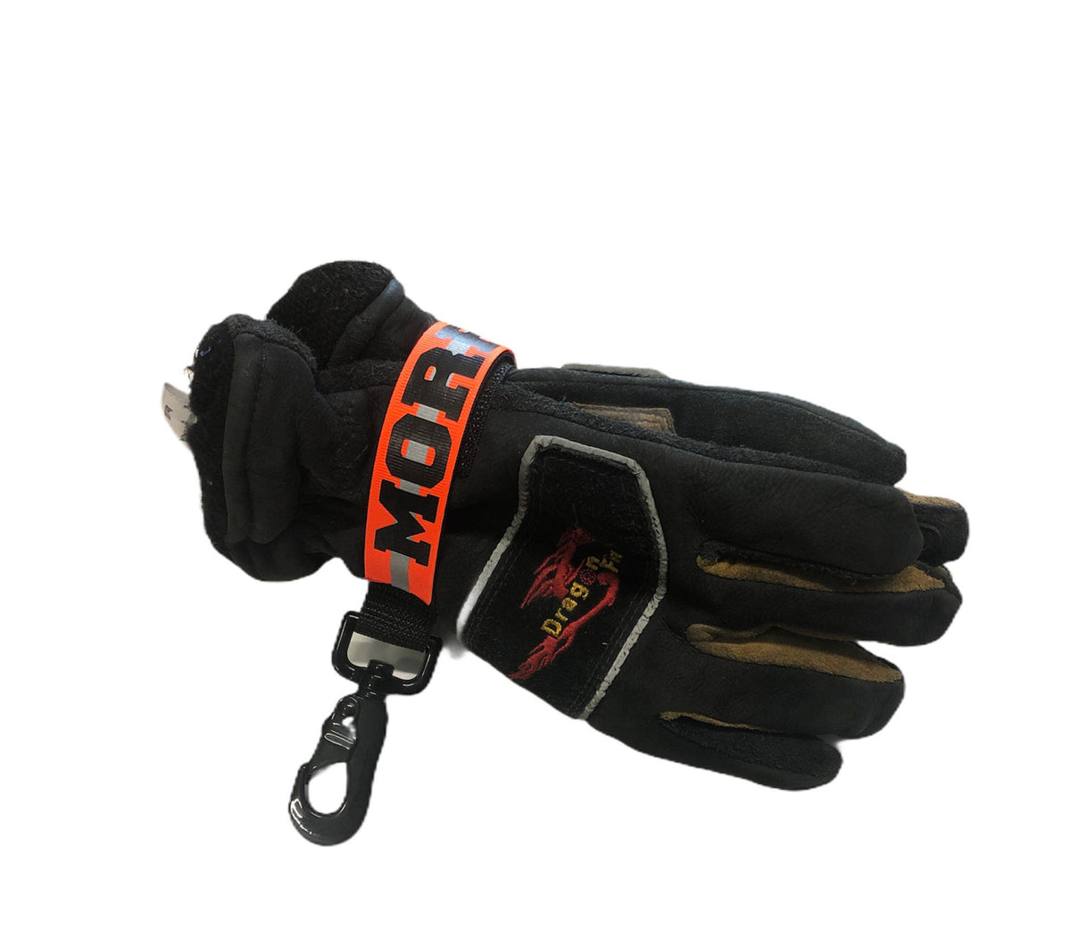 Personalized firefighter webbing glove strap with orange reflective name, heavy-duty hardware, and structural firefighting gloves.
