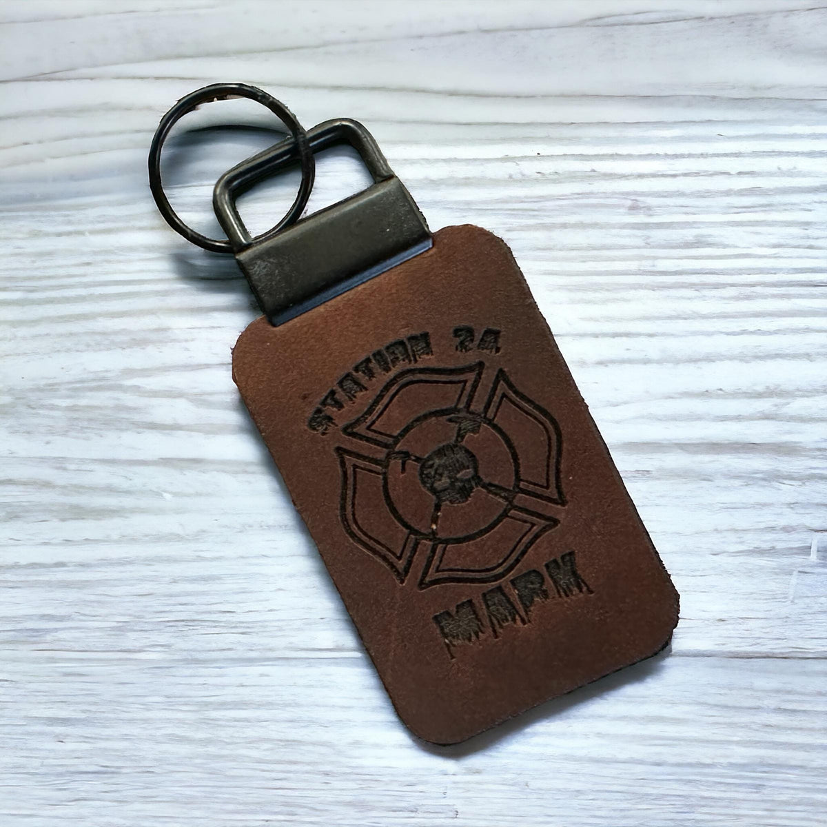 Personalized Firefighter Leather Keychain – Maltese Cross & Skull