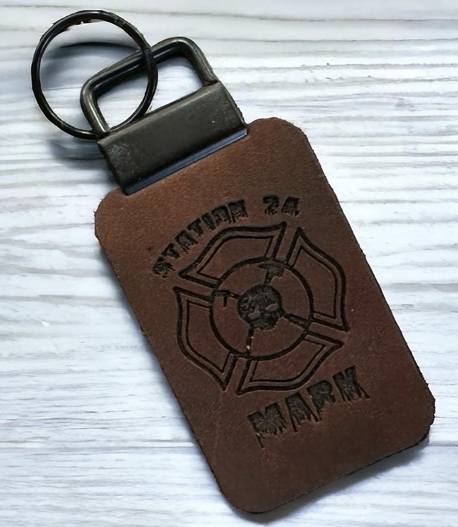 Personalized Firefighter Leather Keychain – Maltese Cross & Skull