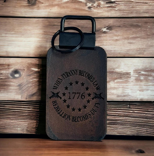 Custom leather keychain engraved with “1776,” embodying patriotic and revolutionary spirit in a durable everyday accessory.